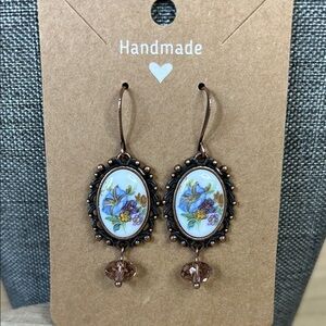 Brown Floral Oval Earrings with Bronze Frame